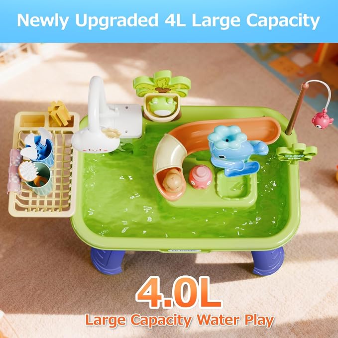 Water Table for Toddlers 1-3 with Pump, Spring-Green | 22Pcs Toy Accessories, 4L Basin, Fishing & Kitchen Sink. Outdoor Sensory Toy for Toddlers 1.5-3