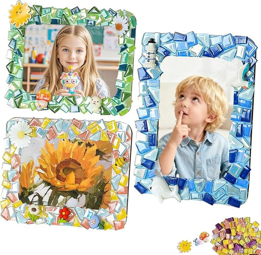 A&H Zier Mosaic Kit 3-Pack 5x7/4x6 DIY Photo Frames Craft for Kids 6+ | Mosaic kit for kids 8-12 3 wooden frames (fit 4x6/5x7) 200+ glass tiles non-toxic glue tools&instructions Fun family activity