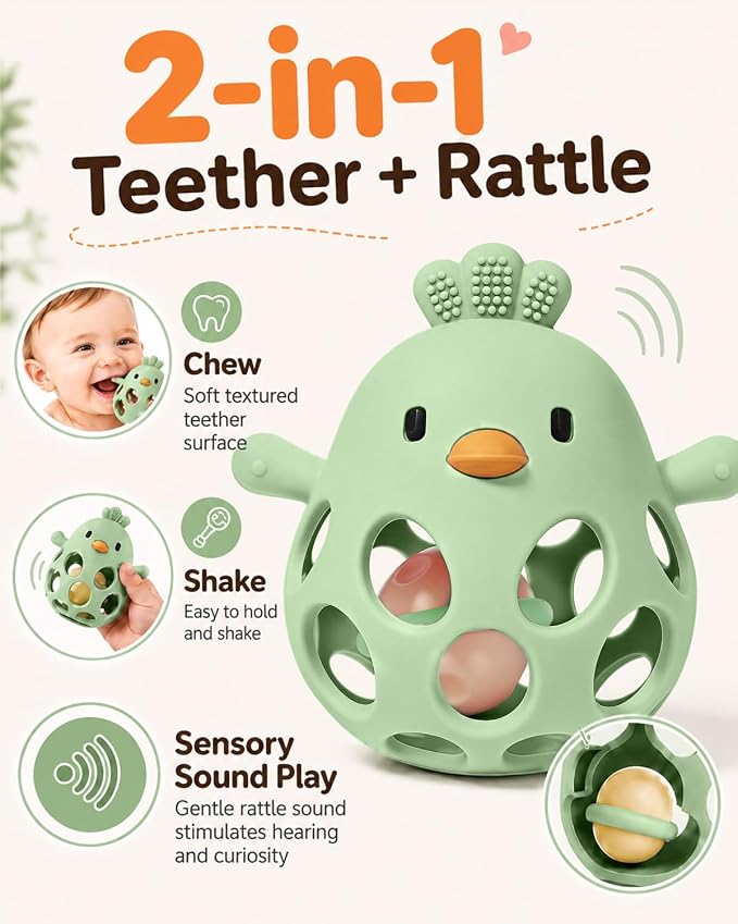 Tinabless 2-in-1 Baby Teether Rattle Toy, Easy Grip Silicone Teething Toy for Babies 3-12 Months, BPA-Free Sensory Chew Toy for Sore Gums, Infant Shower Gift (Green w/Rattle)