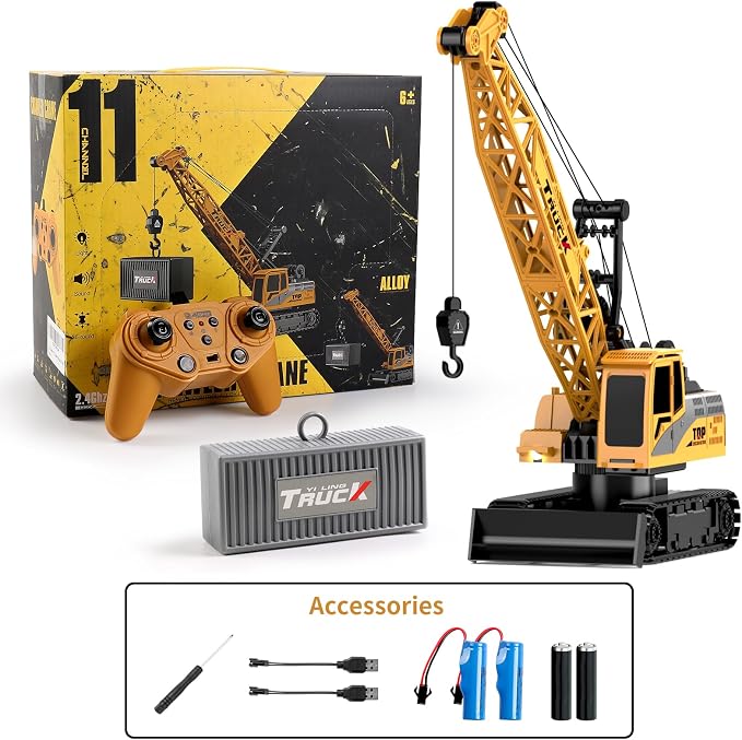 Dwi Dowellin Remote Control Crawler Crane for Boys,11-Channel 2.4GHz RC Construction Crane Toy for Kids Age 3 4-7 8 9 10 Year Old