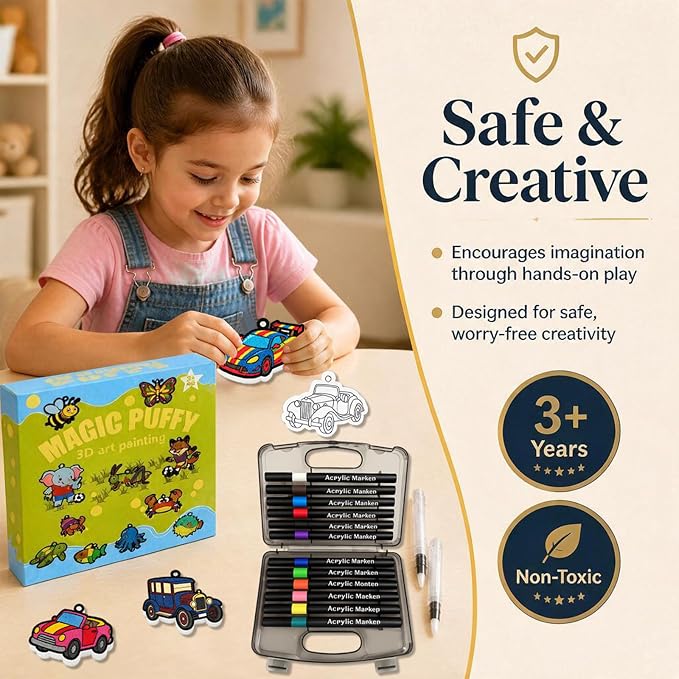 MWOMGLP Magic Foam Texture Painting Kit, 16 Pack DIY Puffy Foam Art Craft Set for Kids, 3D Sensory Painting Paper with Colorful Foam Sheets, Creative Gift for Boys Girls Ages 3+(Color Car)