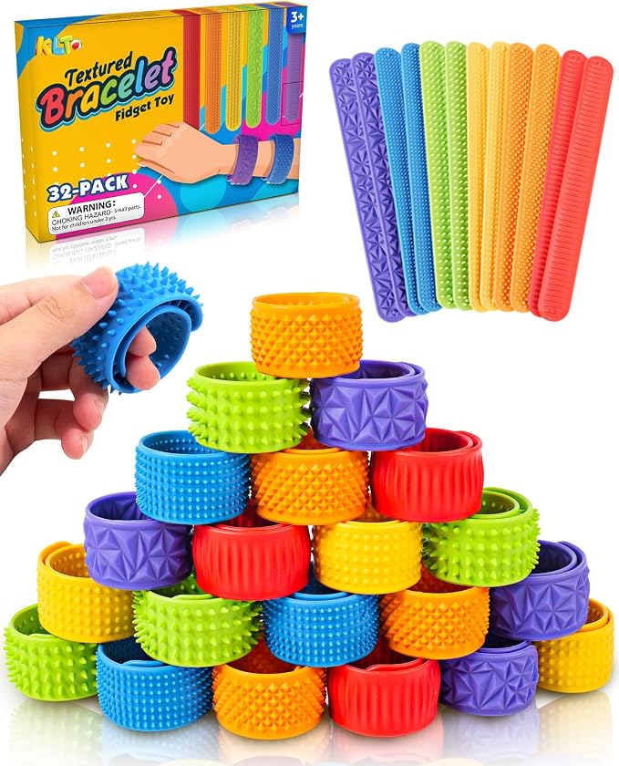 KLT 32 Pack Sensory Slap Bracelets Bulk | Textured Silicone, Stress Fidgets for Kids Adults Teens, Wearable Sensory Toys, Bulk Fidgets for Classroom Birthday Party