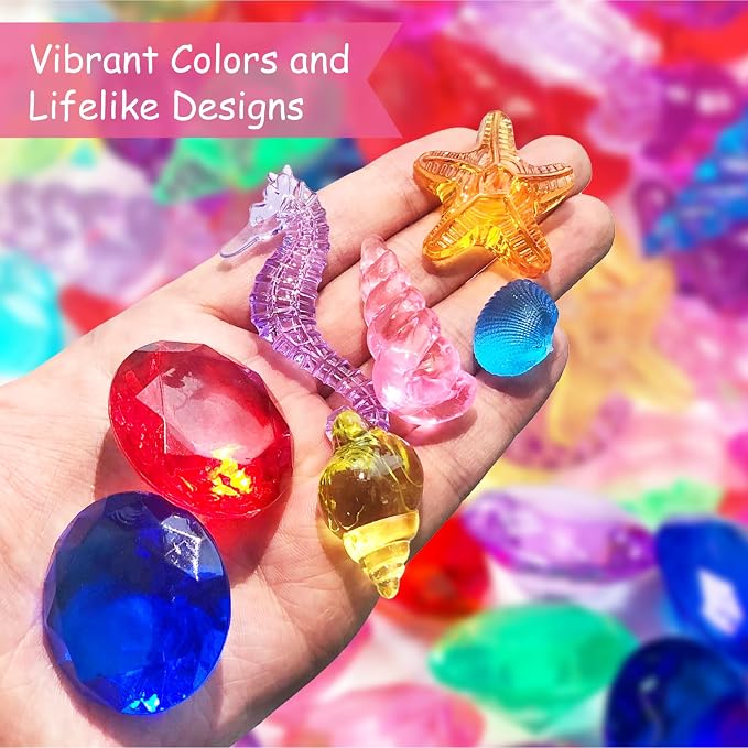 60Pcs Sea Shell Diving Gem Toys 1.57in Large Acrylic Plastic Diamond | 15 Pcs Colorful Gems 45+ Pcs Fake Seashells for Kids Mermaid Pool Party Favors, Pirate Treasure