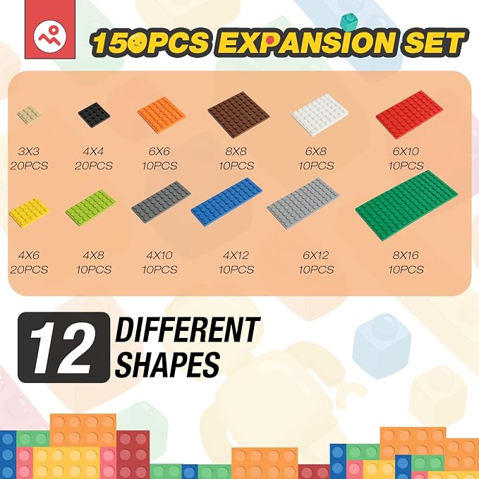 HUIZDQ 150 Pieces Classic Building Baseplate, 12 Sizes Small Base Plates | Compatible with All Major Brands Building Blocks, 12 Colors