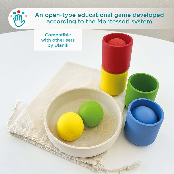 Ulanik Balls in Cups Starter Kit Montessori Toys for 1 Year Old | Open-ended wooden sorting set; 4 basic colors; bowl and bag for easy storage