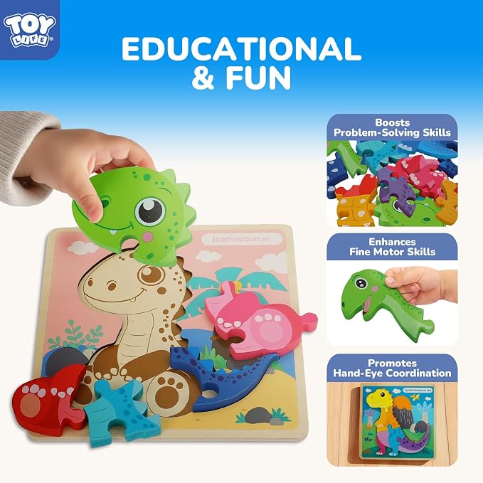TOY Life Wooden Puzzles for Toddlers 2-4, 12 Pack Dinosaurs Puzzles for Toddler 1-3, Kids Montessori Toys for 1 2 3 Year Old, Educational Toys for Boys Girls Age 2 3 4 5, Baby Learning Toy Gifts