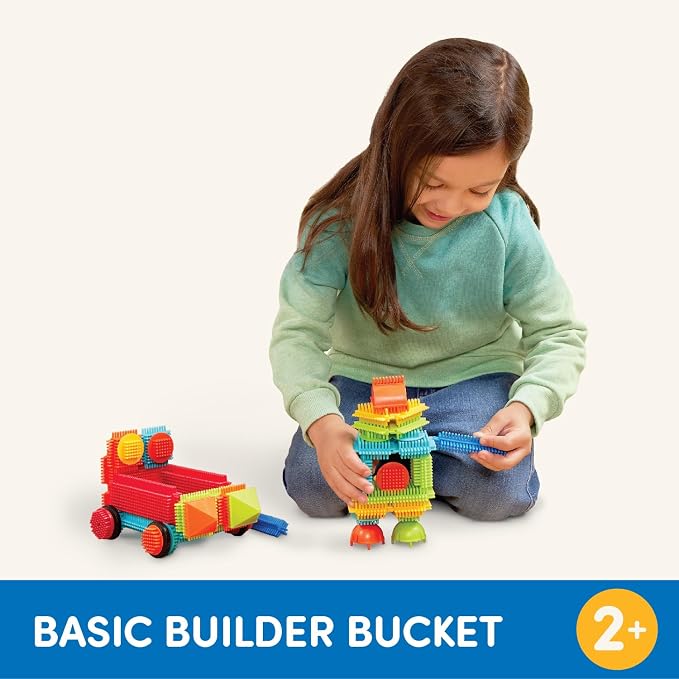 Battat Bristle Blocks Basic Builder Bucket, 50-Piece Building Toys, Playset | Interlocking blocks in bright colors and shapes with wheels for movable builds and easy assembly, 50 Pieces, 2+ Years