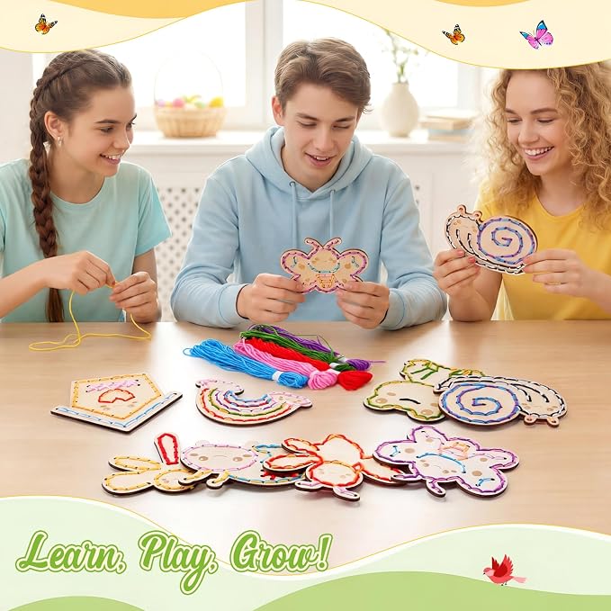 Capoda 18 Pcs Kids Lacing Cards Back to School Educational Threading Toy for Kid Wooden Lacing Card Toys with Colorful Threads for Develop Imagination Early Education Learning Activity