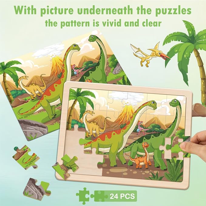 Puzzles for Kids Ages 4-6, 4 x 24 PCs Dinosaur Wooden Puzzles | Dinosaur Puzzles for Toddlers & Kids Ages 3-5, Preschool Educational Puzzles Toys, Birthday Gifts Set for Boys & Girls