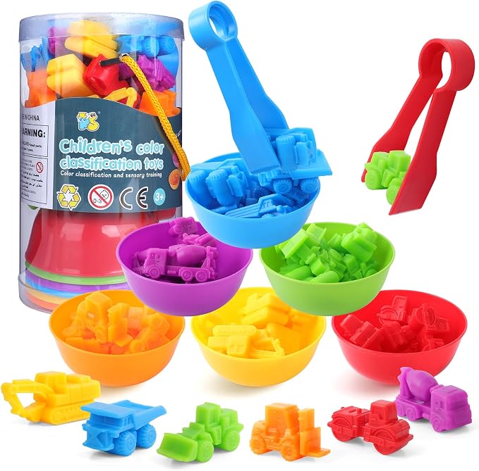 USATDD Counting Construction Vehicles Color Sorting Preschool Learning Matching Games Fine Motor Skills Toys Montessori Classroom Sensory Table Toys for Kids for Toddlers 3 4 5