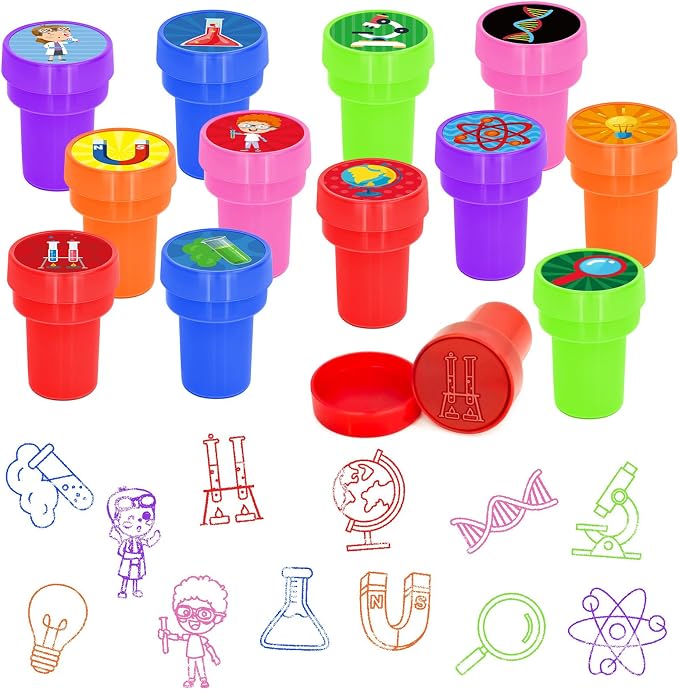 Cinrobiye 24 Pcs Science Stampers Party Favor Set, Cute Science Lab Stamps for Kids Birthday Party, Classroom Rewards, Educational Learning Toys, Goody Bag Fillers, STEM Party Supplies