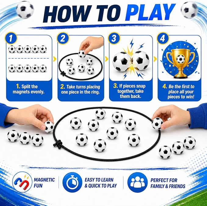 Soccer Magnetic Game with String, 20 Football-Shaped Stones, Strategy Puzzle Board Game for Kids and Adults, 2 Player Tabletop Game for Family Game Night, Travel, Camping, Parties