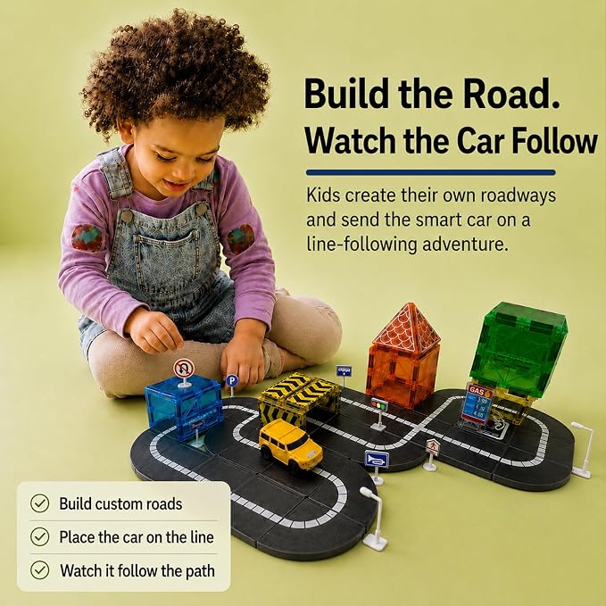 98-Piece Magnetic Tiles Building & Road Set for Kids, Includes Sensor-Guided Car that Follows Road Lines + Traffic Signs,STEM Montessori Building Toy for Boys & Girls Ages 4–12