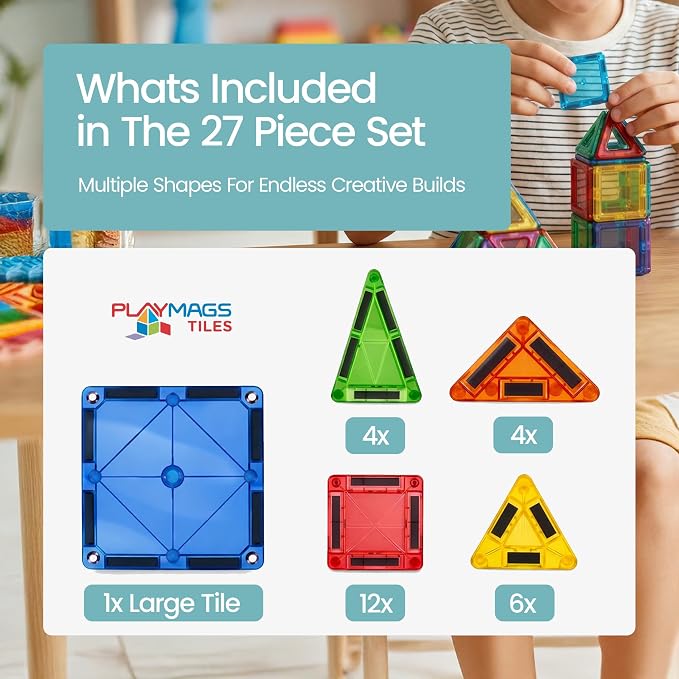 Playmags Mini Magnetic Tiles for Kids 27-Piece Set | Travel Magnetic Blocks | STEM Sensory Educational Toys | Portable Toddler Building Toys | Gift for Boys & Girls Ages 3
