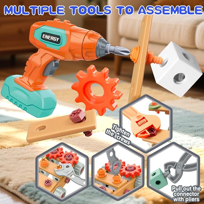 VEAIS Kids Tool Set with Drill, 148Pcs Tool Set with Toolbox,STEM Montessori Toys for 3-5Year Old, Educational Construction Toy, Pretend Play Toys for 3 4 5 6 Year Old Boys, Birthday Gift for Kids
