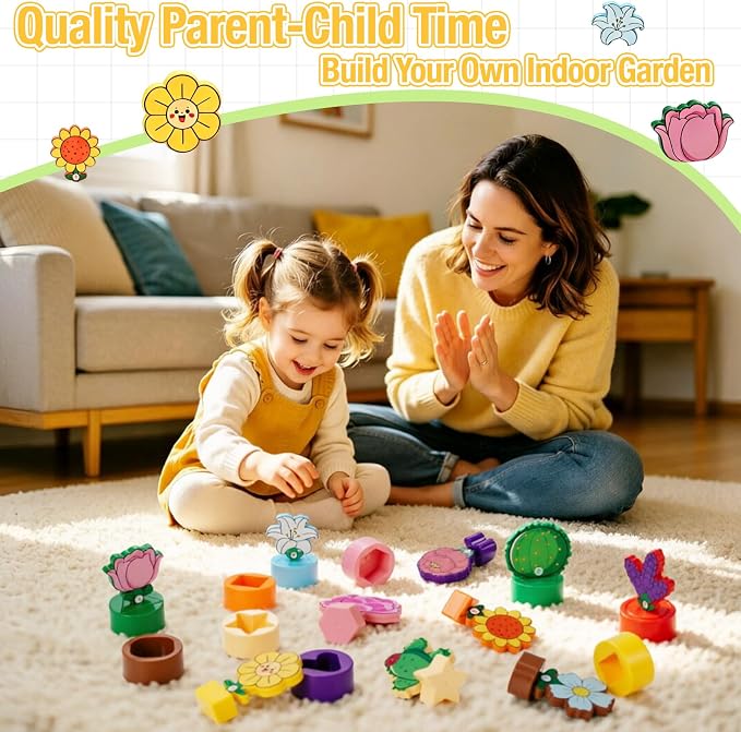 TSYAN Montessori STEM Toys Gift for Toddlers, Bloomy Flora Shape Color Number Sorting Matching Game, Educational Fine Motor Skills Learning Flower Blocks with Storage Tube for Boys Girls 2-4 Year Old