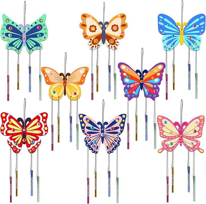 Fennoral 8 Pack Butterfly Wind Chime Kits for Kids | Make Your Own Butterfly Wooden Arts and Crafts DIY to Paint Butterfly Craft for Summer Art Activity Birthday Gift Decoration