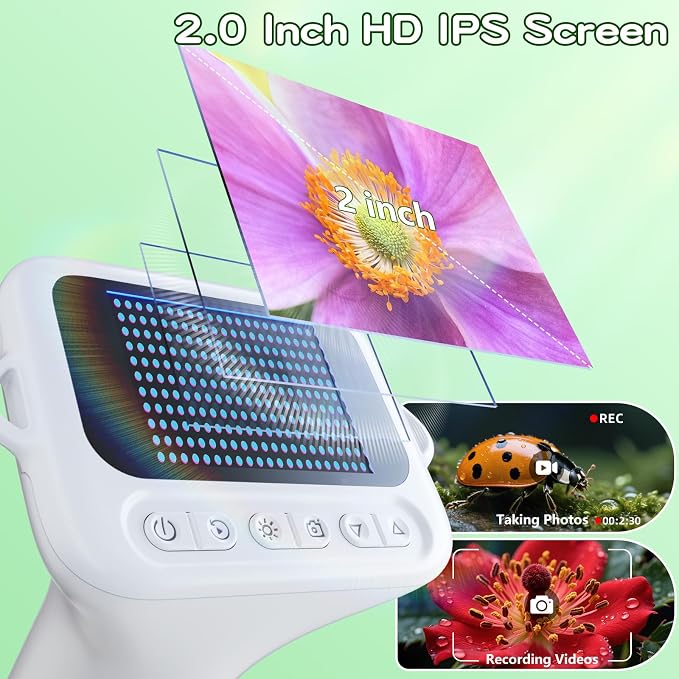 Odatay 1000X Digital Kids Microscope Kit with 12 Slides & 2" Screen, White | 1080P Imaging, Fit Ages 3-12, Standalone Pocket Science Edu Toys Gifts, Outdoor Backyard Bugs Exploring, Anti-drop Lanyard