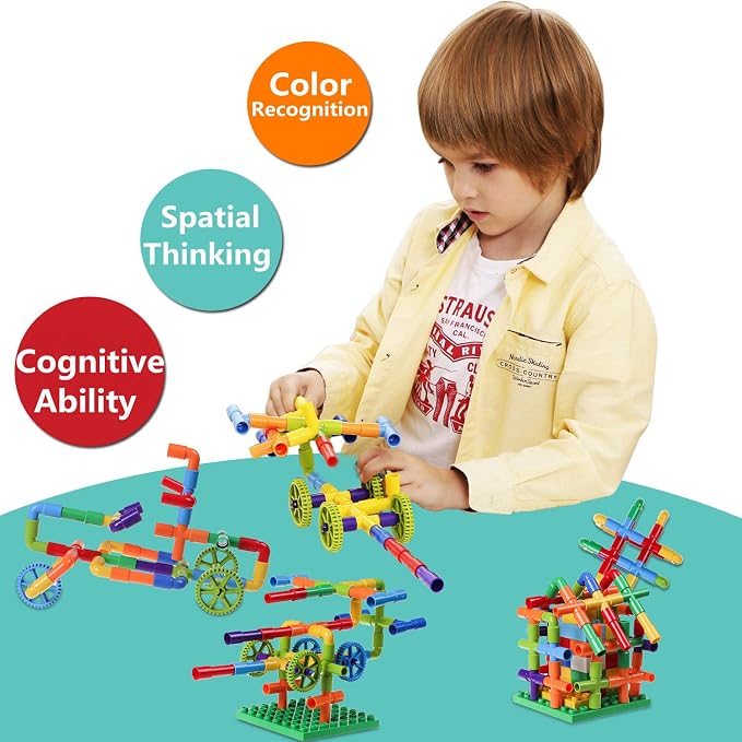 burgkidz 426 Pieces Toy Pipe, Creative STEM Tube Locks Construction with Wheels and Mini Baseplate, Interlocking Educational Sensory Kit, Preschool Learning Toys for Boy and Girls Ages 3+ | 426 pcs: cars, planes, houses & more. 396 tubes, 24 wheels, 6 ...