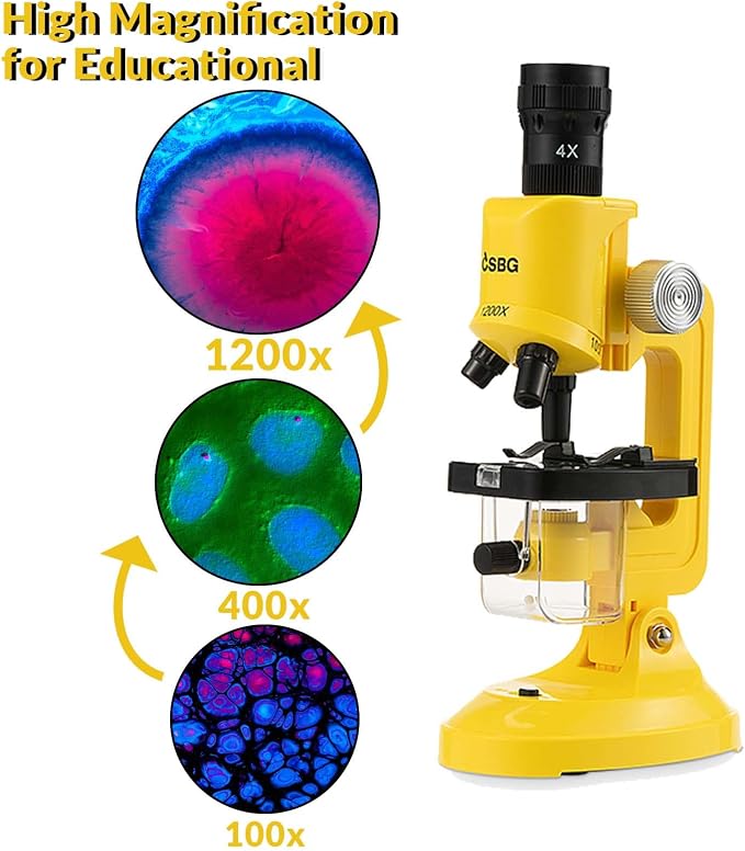 Little World Kids Microscope with LED Light - 100X/400X/1200X Magnification | Beginner science kit, monocular view, educational STEM gift for ages 5-12, Yellow