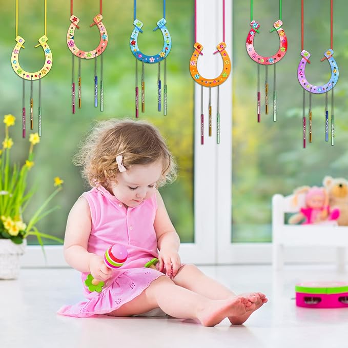 Fennoral 16 Pack Horseshoe Wind Chime Kit for Kids | Make Your Own Wooden Arts and Crafts Ornaments DIY Coloring Horseshoes Craft for Art Activity Birthday Supplies