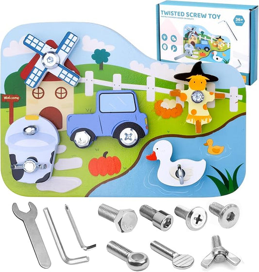 Wooden Montessori Farm Screwdriver Board, 16-Piece Toy for Kids Ages 3+ | Removable parts and child-sized tools for matching varied screw types and fine motor practice