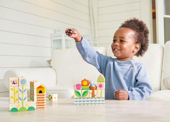 Tender Leaf Toys - Garden Blocks - 25 Pieces Decorative Garden Themed Wooden Stacking Blocks with Peg - Building Blocks, Hand-Eye Coordination Strength & Creative Play - Age 18m+