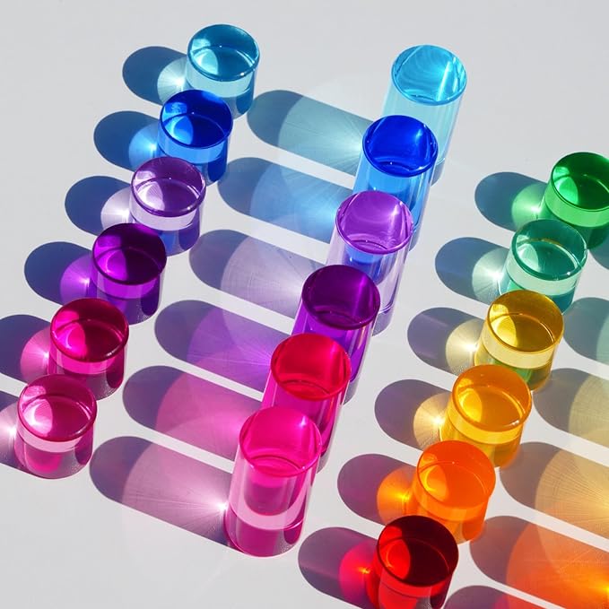 Rainbow Acrylic Blocks, 16 Stackable Cylinders for Kids Ages 3+ | 16 acrylic color blocks, 2 x 1 in, stackable, ages 3+, white paper box for gift wrap, preschool and light table use