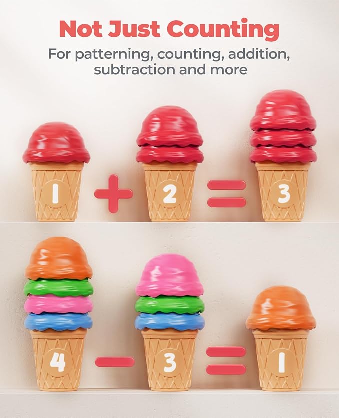 JoyCat Ice Cream Preschool Learning Activities Counting and Color Sorting Set Stacking Toys for Kids 1-5, Educational Fine Motor Skills Toys, 30PCS Math Manipulatives | Match colors, stack scoops and serve pretend ice cream; included pieces support cou...