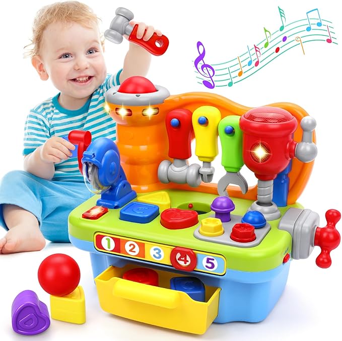 Toys for 1 Year Old Boy, Musical Toy Tool Bench, 1 2 3 Years old Boy Gifts | Montessori Toys with Sound Lights Effect, Shape Sorter, Christmas Birthday Gift for Boy Girl,Engineer Pretend Play Workbench