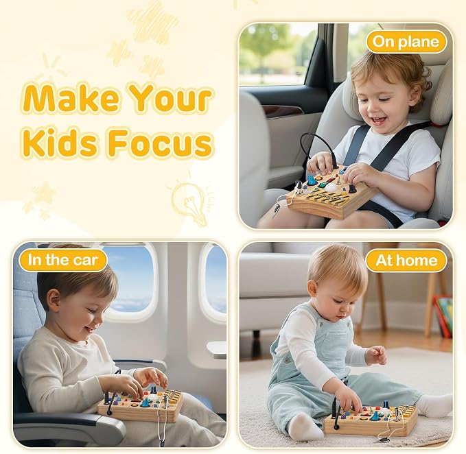 LED Busy Board for Toddlers 1-3,Montessori Sensory Toy with Key Switch and Plug, Light Up Wood Activity Switch Board for Fine Motor Skills, Educational Travel Toy Gift for 1 2 3 Year Old Boys Girls