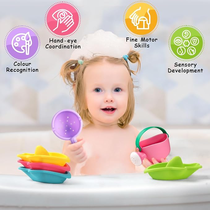 Baby Bath Toys, Mold Free Bath Toys Toddlers 2-4 | Fun Bath Time Play with Stacking Shark Boats, Watering Can & Scoop for Kids Ages 1-3, Toddler Gifts