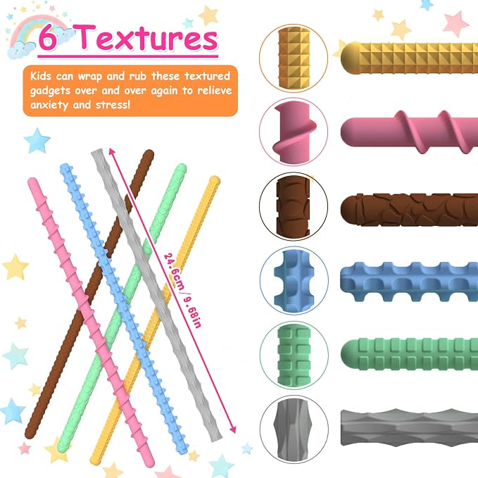 6 Pack Fidget Toys Sensory Sticks,Textured Sensory Toys for Autism,Imagination Sticks for Calming,Stress,Anxiety, ADHD & Autism Children Toddlers Boys Girls