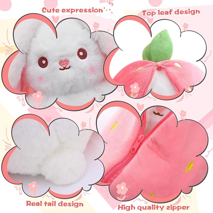 MIAODAM Carrot Strawberry Bunny Stuffed Animal,Squishy Cute Bunny Plush | Reversible Transformable Strawberry Fruit Doll, Funny Christmas/Easter Bunny Plush Gift for Kids