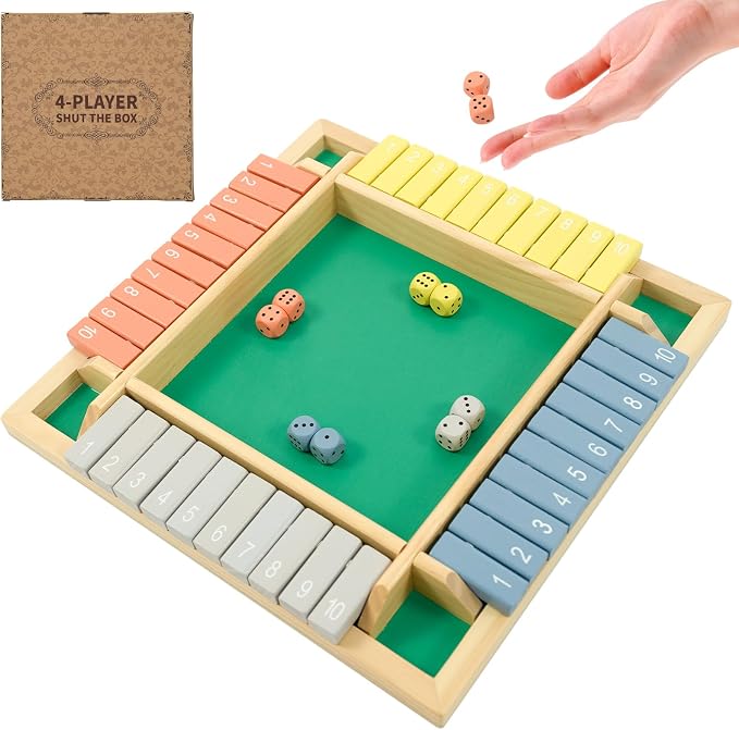 WOOD CITY Shut The Box Game Wooden 4 Player, Classic Board Game for Kids & Adults, Educational Math Learning Toy, Table Dice Game for The Party Family or Bar - 12 Inch with 8 Dice Morandi Color