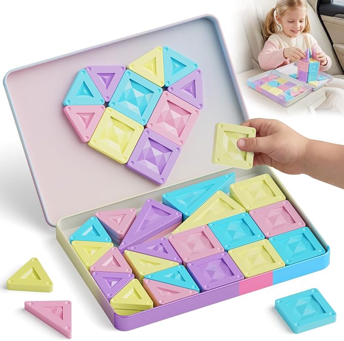 Mini Magnetic Tiles Girls Travel: 40PCS Macaron Blocks with Tin Box | 90 Mins Quiet Play, 45s Cleanup, Strong Magnets Holds 7+ Tiles - Airplane, Car & Road Trip Toys for Kids Age 3-6