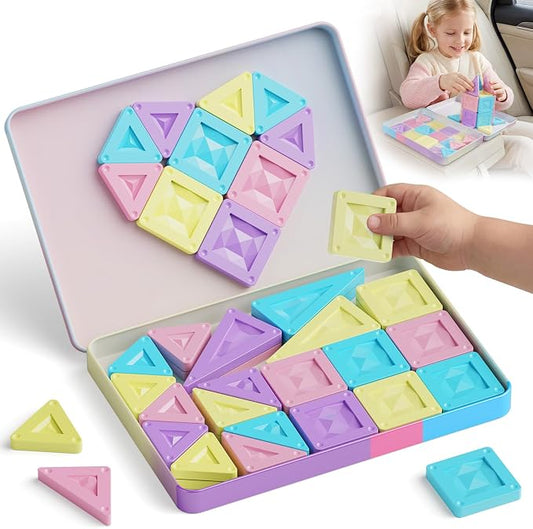 Mini Magnetic Tiles Girls Travel: 40PCS Macaron Blocks with Tin Box | 90 Mins Quiet Play, 45s Cleanup, Strong Magnets Holds 7+ Tiles - Airplane, Car & Road Trip Toys for Kids Age 3-6
