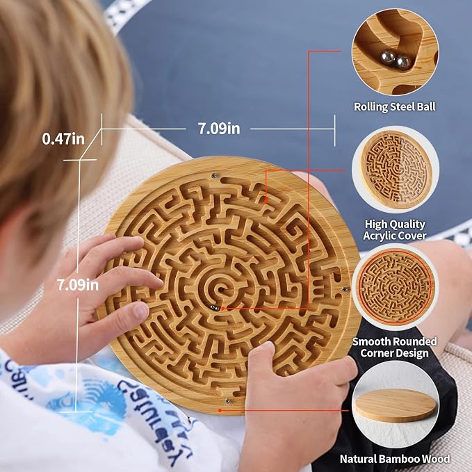 Round Wooden Labyrinth Board Game - Marble Maze for Education and Fun, Toddler Activity Board, Brain Teaser Puzzle Logic Game with Two Metal Balls for Kids, Adults, Teens, Boys, and Girls