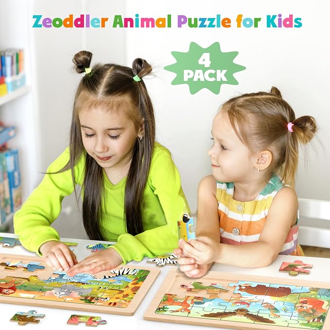 Zeoddler Wooden Puzzles for Toddlers, 4 Pack Animal Jigsaw Puzzles for Kids3-5, 20 Pieces Preschool Learning Activities, Learning & Educational Toys, Gift for Boys, Girls