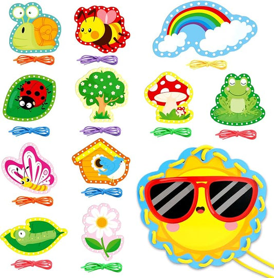 Omlisca Springtime Lacing Cards for Kids 12 Packs Double Sided Sewing Kits Flower Rainbow Butterfly Sewing Cards Educational & Learning Activities Fine Motor Skill for Preschool Supplies Spring Decor