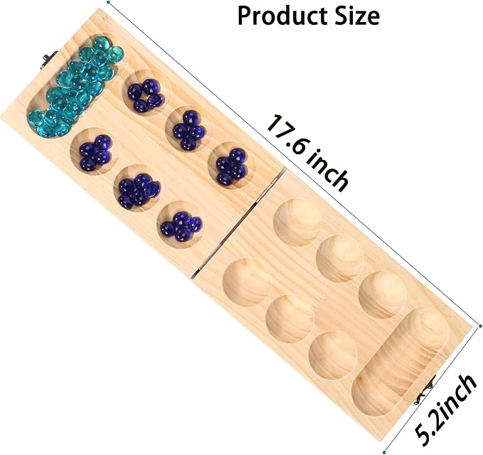 Wooden Mancala Board Game Set, Travel Mancala Game for Kids and Adults | Foldable Board, Durable Wood, 17.6x5.2" Size, 48+2 Bonus Glass Stones, Easy Instructions, Strategy Family Activity