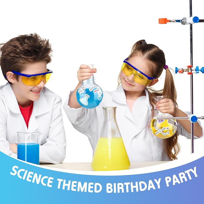 Jingmore 36 Pcs Science Party Theme Cups Set with Silly Loop Straws Science Stickers Plastic Reusable Small Conical Flask Bottles Test Tubes for Birthday Party Decorations(Spherical Bottles)