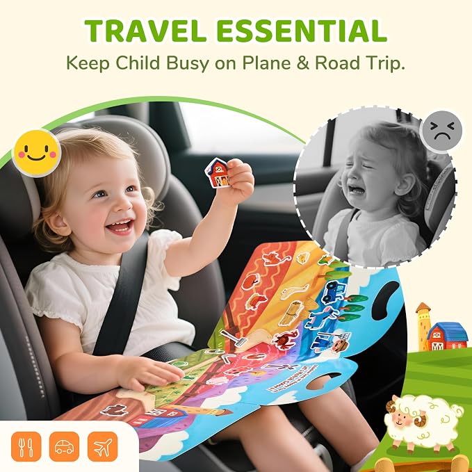 JoyCat Reusable Farm Animal Sticker Book, Travel Toys for Toddlers & Kids | Washable stickers make a kids' activity book for car, airplane and road trips; educational birthday gifts for boys and girls.