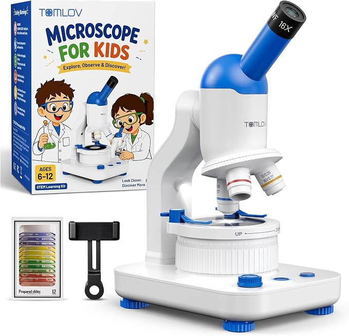 TOMLOV DM301K Microscope for Kids, 640X Educational Science Kit, STEM Toy | 12 Prepared Slides, Easy Focus, Beginner-Friendly, Dual LED Lights, Rechargeable Battery, Phone Adapter, Ages 6-12