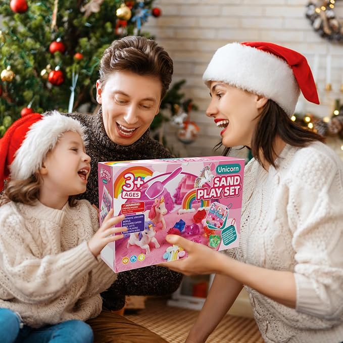 Volmop Unicorn Sensory Bin for Girl, 148pcs Play Sand Art Kit with Sandbox, 3.3lb Color Sand,Unicorn Tactile Sensory Toy for Girl Toddler Ages 3-8