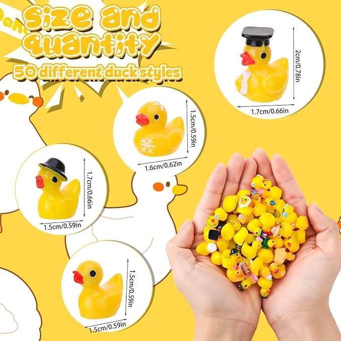 50 Pack Multicolor Mini Resin Ducks, Novelty Little Yellow Duck | Tiny Ducks to Hide Prank, Party Favor for Birthday, Graduation, Independence Day, Halloween, Christmas (50 Styles)
