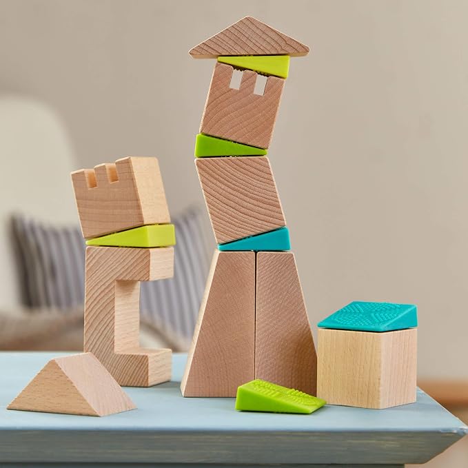 HABA Kids Building Blocks Set Crooked Tower, 19 Wooden Blocks and 6 Wedges with Pattern Cards for Toddlers 4+, Wood Stacking Toys Made in Germany