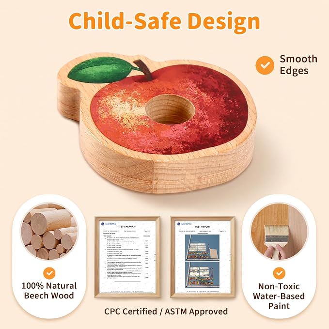 Wooden Caterpillar Lacing Toy for Fine Motor Skills, Ages 2-5 | 2.5-inch wooden beads, 8 pattern cards, 18 fruit and vegetable pieces, and a fine motor lacing game for ages 2–5