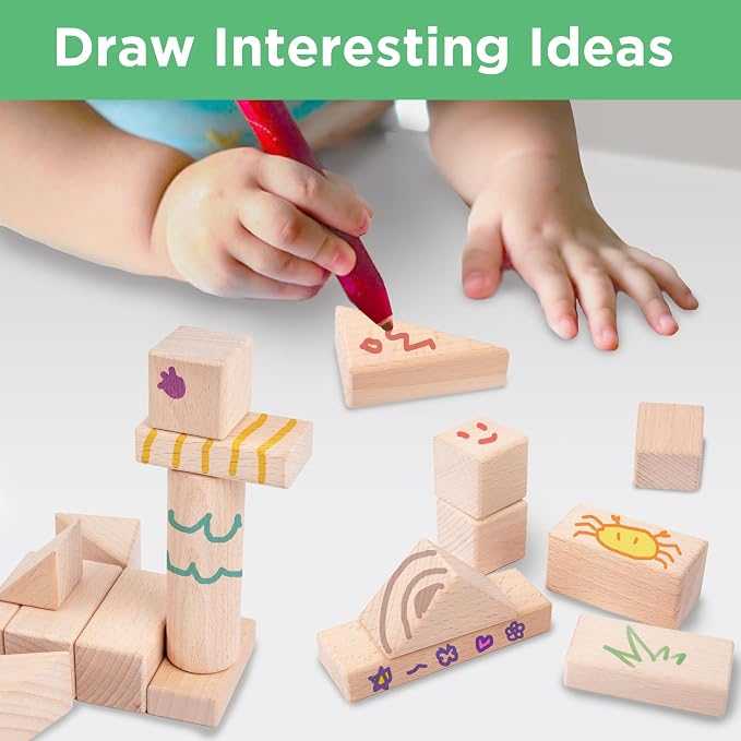 iPlay, iLearn Kid Wooden Building Block Toy Set, Toddler Natural Wood Block | Baby Montessori Learning Toy, Large Hardwood Stacking Brick Castle, Preschool Classroom Gift 2 3-5 8 Year Old Boy Girl Child
