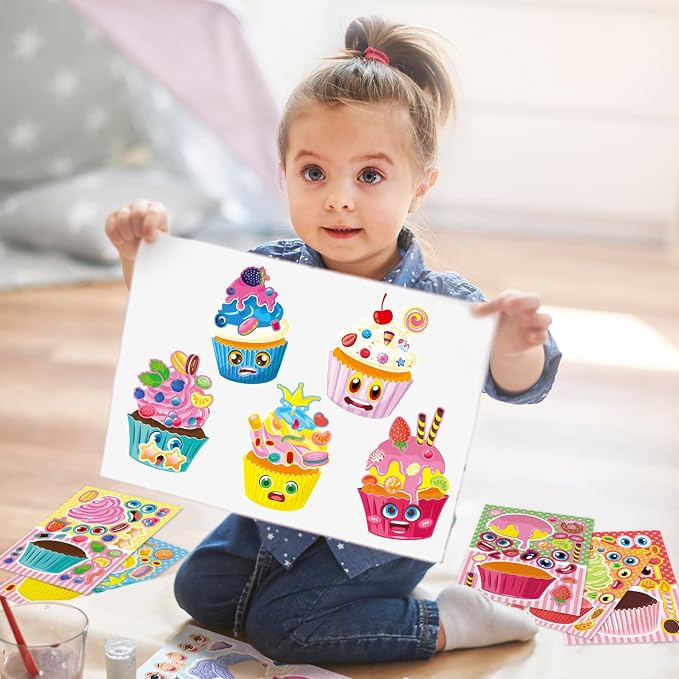 24 Sheets Make a Face Cupcake Stickers for Kids Party Favors | Make Your Own Dessert Stickers Birthday Decorations Supplies, Toddlers Crafts Activities Gifts Goodie Bags Stuffers